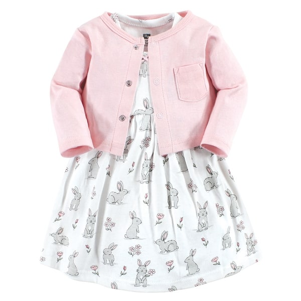 slide 1 of 1, Hudson Baby Infant and Baby Girl Cotton Dress and Cardigan Set, Bunny Floral 12-18 Months - Bunny Floral