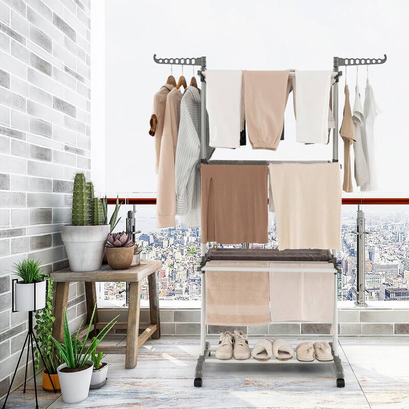 Gymax 3-tier Folding Clothes Drying Rack w/ Rotatable Side Wings &