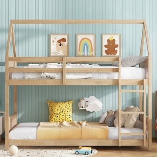 House-Style Twin Bunk Bed with Roof & Ladder