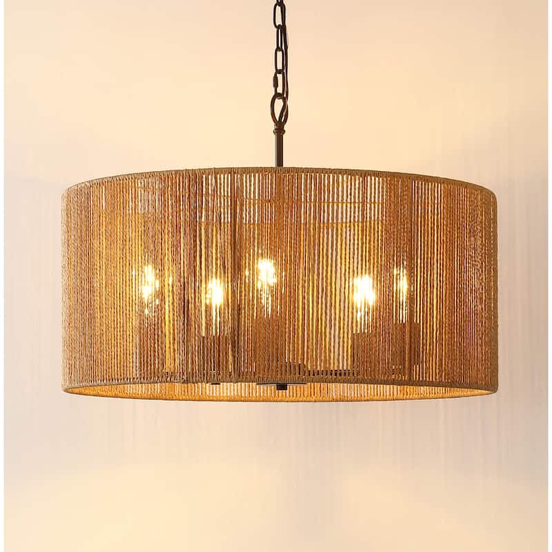 SAFAVIEH Lighting Dinuca 24" Modern & Contemporary Pendant (5-Bulb) - 24" W x 24" D x 80" H - Natural/Black - 24Wx24Dx80H