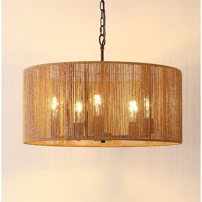 SAFAVIEH Lighting Dinuca 24" Modern & Contemporary Pendant (5-Bulb) - 24" W x 24" D x 80" H - Natural/Black - 24Wx24Dx80H