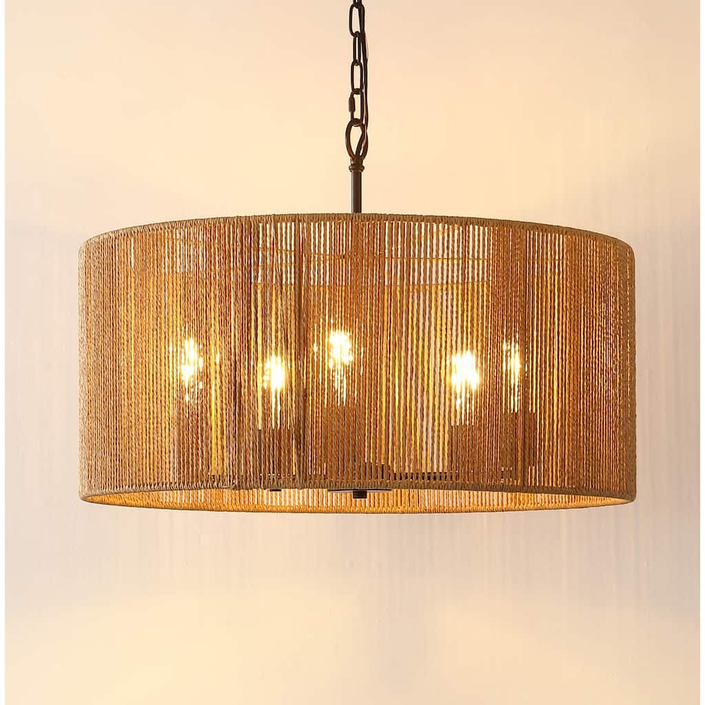 SAFAVIEH Lighting Dinuca 24" Modern & Contemporary Pendant (5-Bulb) - 24" W x 24" D x 80" H - Natural/Black - 24Wx24Dx80H