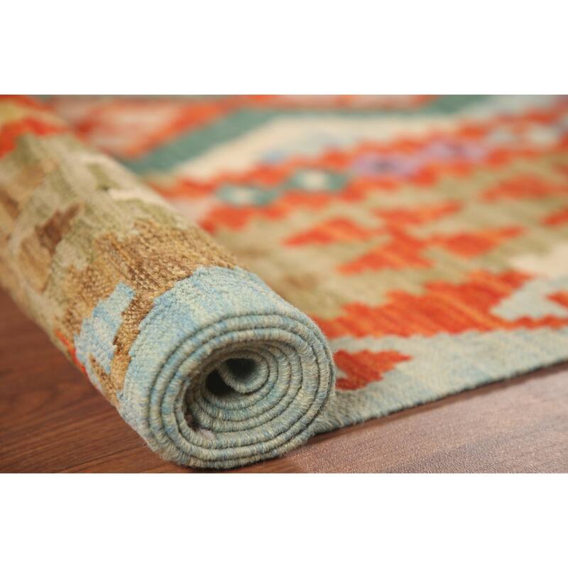 Hand Woven Oriental 100% Wool Carpet Southwestern Geometric Green Kilim Area Rug - 9' 8'' X 6' 8''