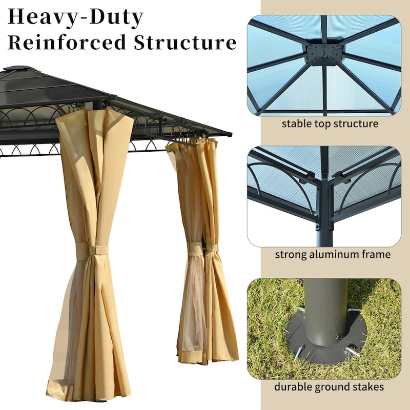10'x10' Hardtop Gazebo - Polycarbonate Roof, Aluminum Frame, Mosquito Net & Privacy Screens for Shade & Rain