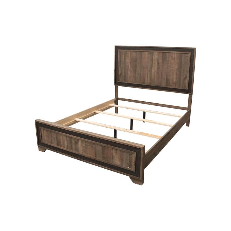 Queen Size Oak Finish High Headboard Wooden Bed with Panel Design