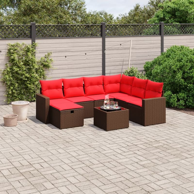 vidaXL Patio Sofa Set with Cushions Outdoor Conversation Furniture Poly Rattan - 24.4" x 24.4" x 27.2" - Brown with table