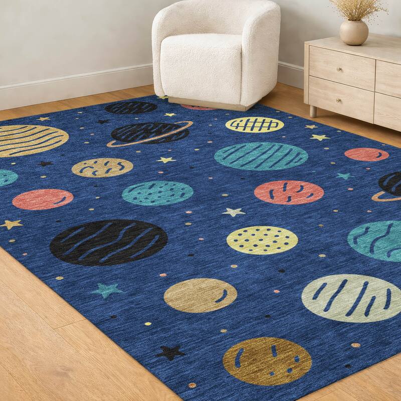 Machine Washable Indoor/ Outdoor Modern Planets Chantille Rug