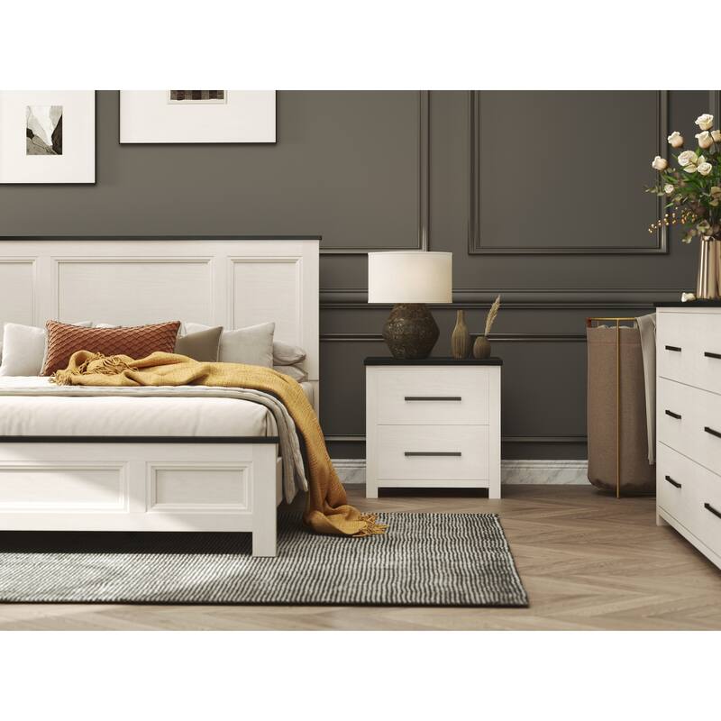 Roundhill Furniture Realynn 4-Piece Wood Bedroom Set, Panel Bed with Dresser, Mirror, and Nightstand, Off-White Finish