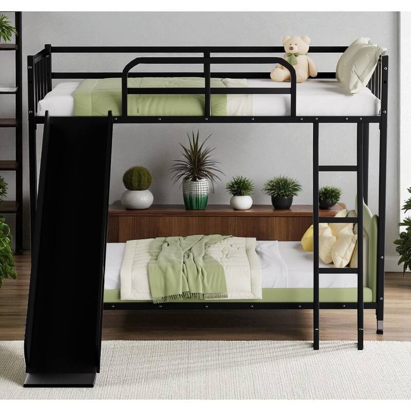 Twin Bunk Bed with Ladder and Slide, Metal Frame with Safety Guardrails - Black - Twin