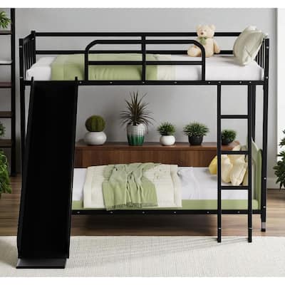 Twin Bunk Bed with Ladder and Slide, Metal Frame with Safety Guardrails