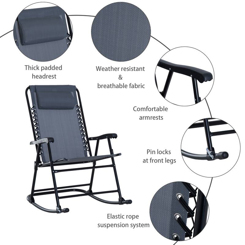 3 Piece Outdoor Rocking Bistro Set, Patio Folding Chair Table Set with Glass Coffee Table for Yard, Patio, Deck, Backyar - Grey