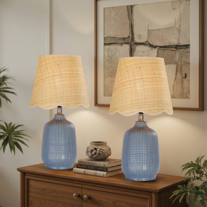 2 Pack Rustic Ceramic Accent Table Lamp with Raffia Shade