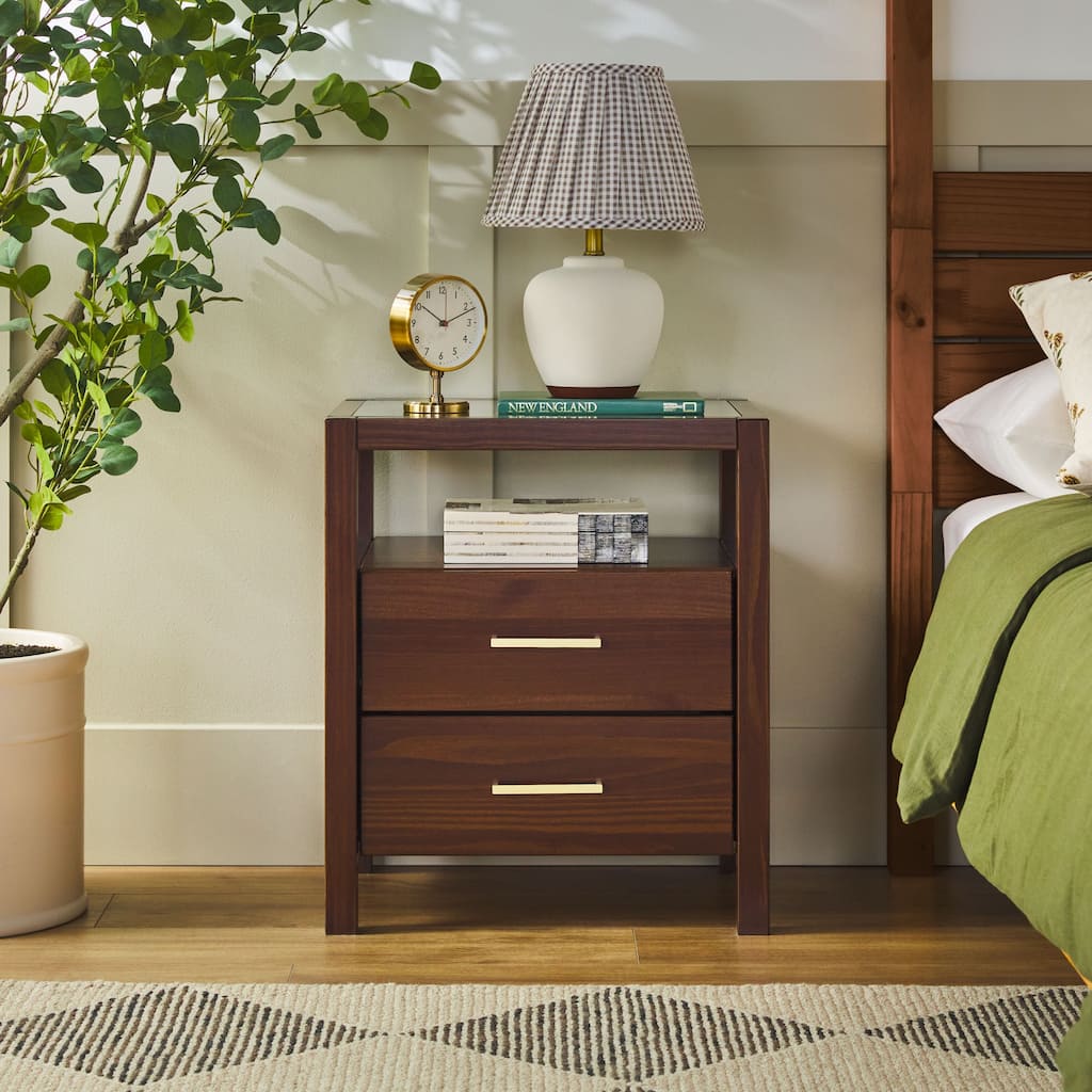 Walker Edison Solid Wood Nightstand with Tempered Glass Top