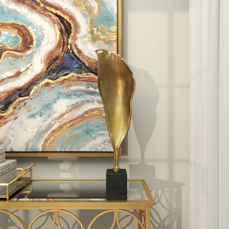 Gold Aluminum Metal Textured Leaf Abstract Sculpture with Black Marble Base - Gold - 8" x 4" x 30"