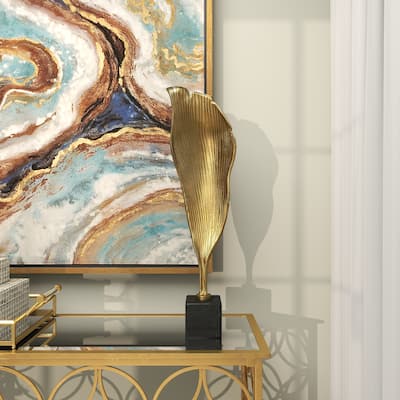 Gold Aluminum Metal Textured Leaf Abstract Sculpture with Black Marble Base