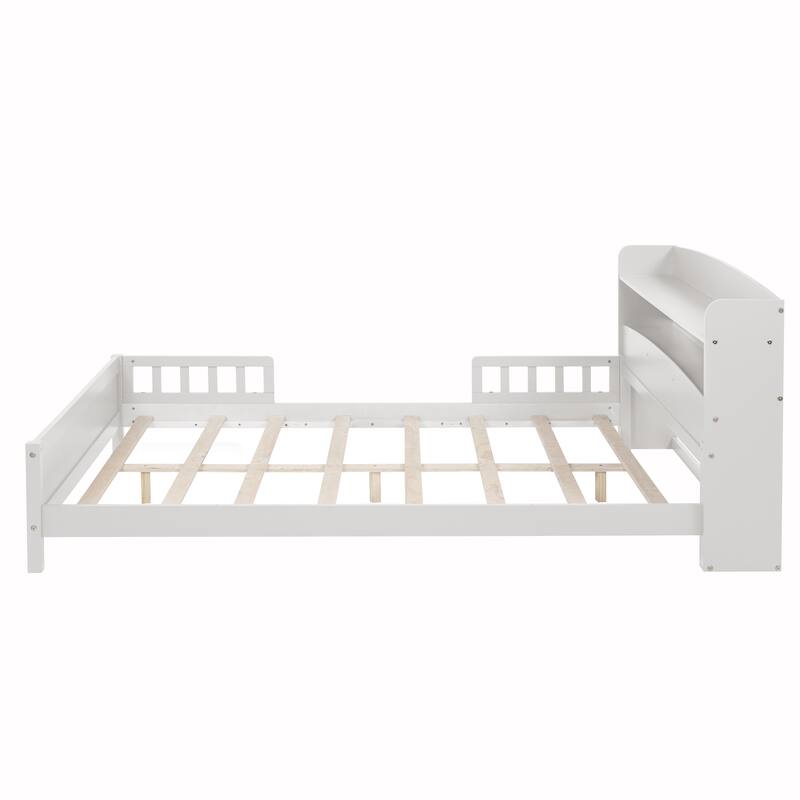 Full Size Wood Bed with Bookcase Headboard, Motion Sensor LED Light, and Optional Bed Guardrails