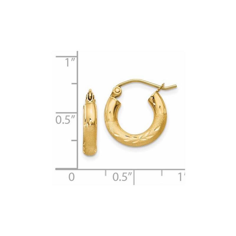 Curata 14k Yellow Gold Satin and Sparkle Cut 14x3mm Round Hoop Earrings