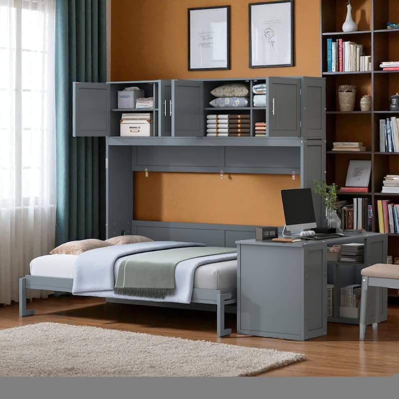 Queen Size Murphy Wall Bed with Desk, Cabinets, and Shelves, Space-Saving Foldable Bed with Storage - Grey - Queen