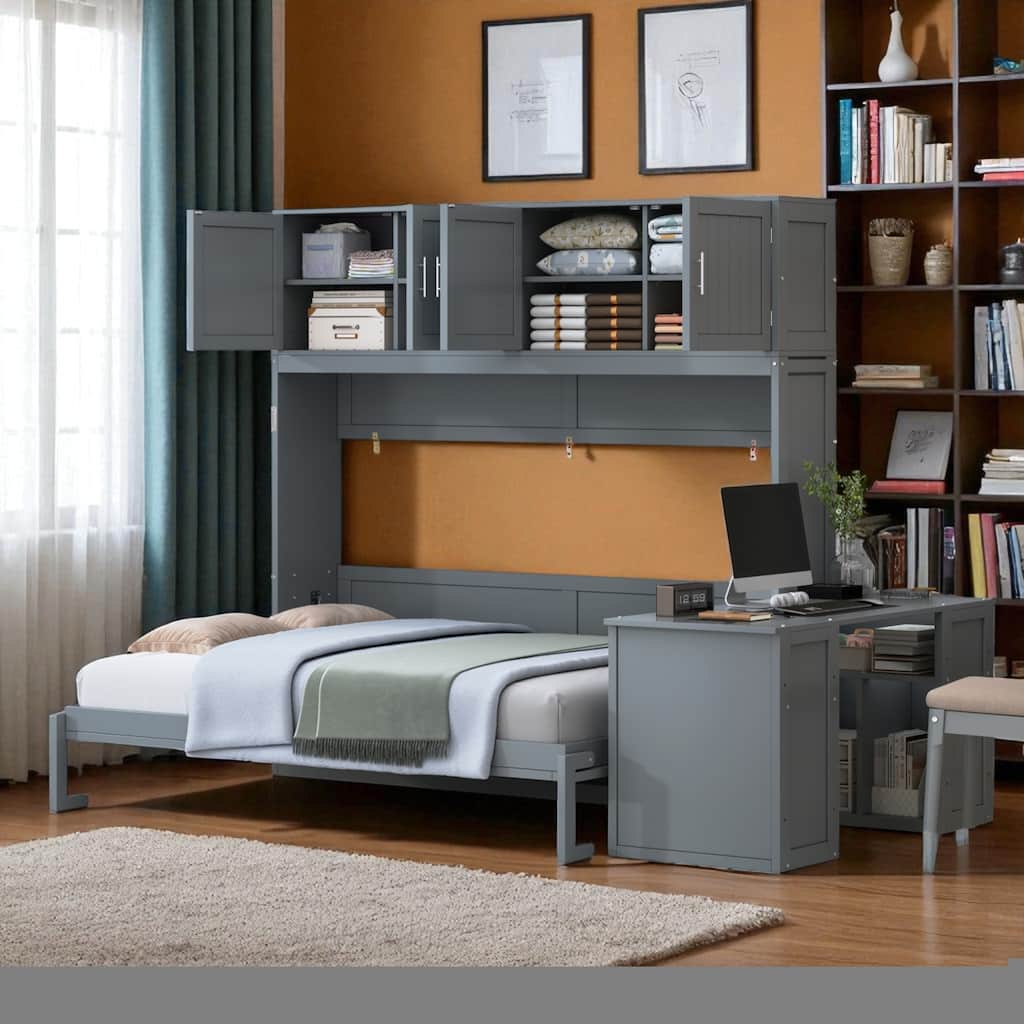 Queen Size Murphy Wall Bed with Desk, Cabinets, and Shelves, Space-Saving Foldable Bed with Storage