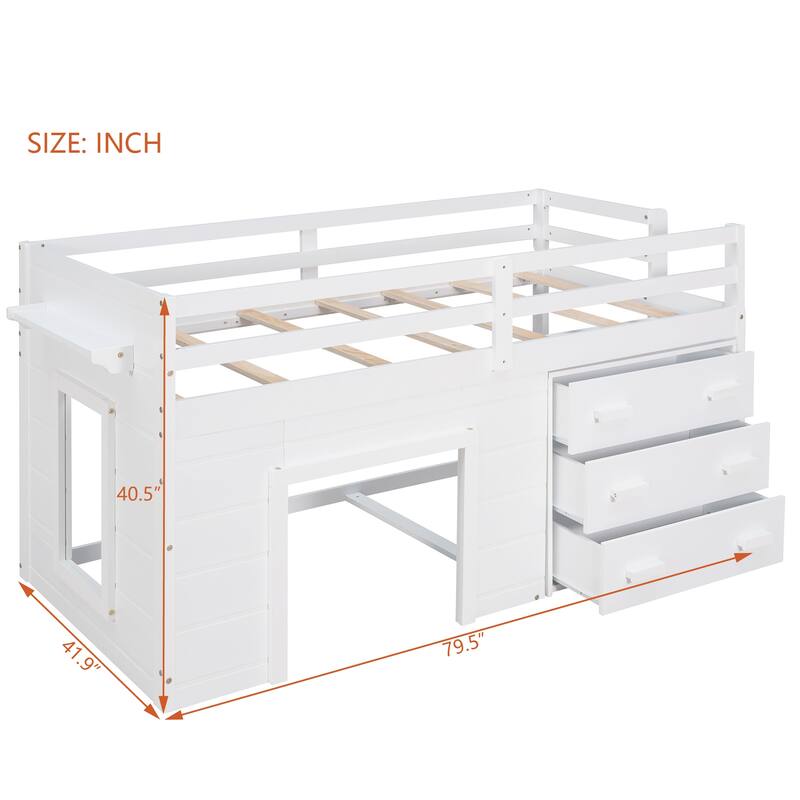 Twin Size Loft Bed with Built-in Cabinet and Shelf, Wooden Low Loft Bed with Guardrails, No Box Spring Needed