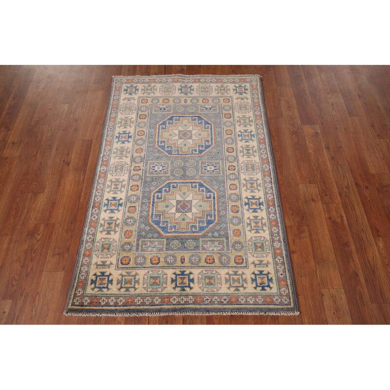 Grey Traditional Kazak Accent Rug Hand-Knotted Wool Carpet - 2'9" x 4'2"