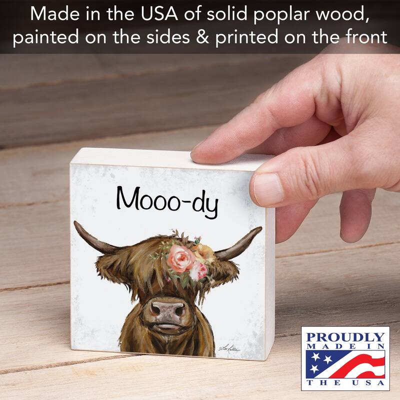 Mooo-dy Artistic Freestanding Solid Wood Block Sign Made in the USA 3.75” Square Decorative Accent for Home or Office - Multi