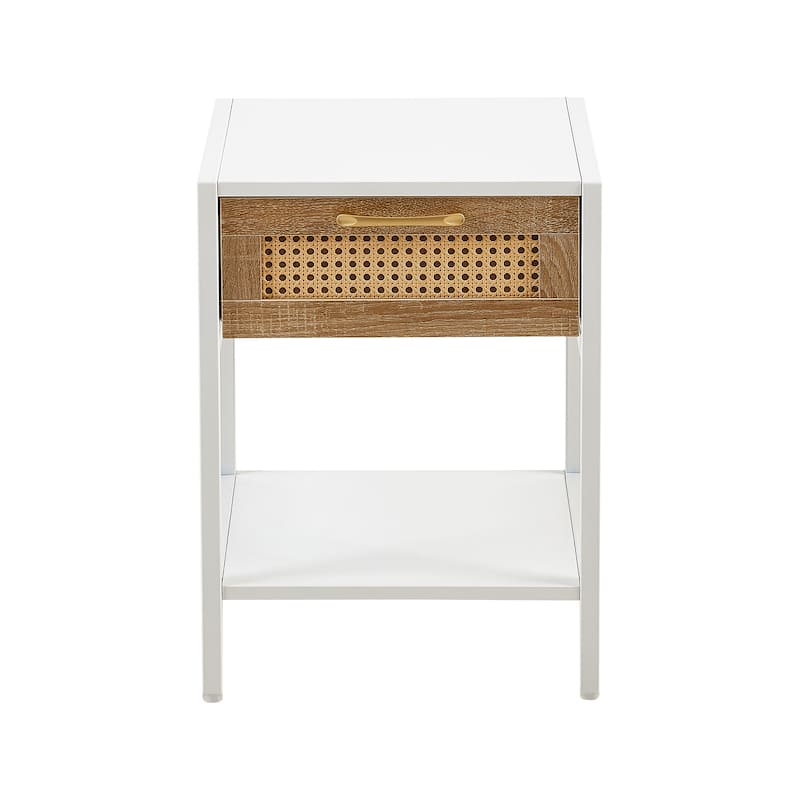 Rattan End Table with Drawer and Metal Legs