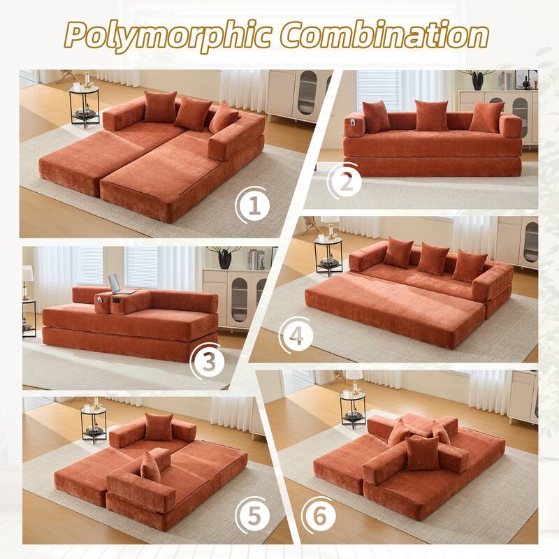 6-in-1 Folding Memory Foam Sleeper Sofa Bed Chenille Floor Chaise Lounge Couch with Side Pocket, Removable & Washable Cover