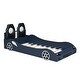 preview thumbnail 7 of 26, Wood Twin Size Race Car Platform Kids Bed Frame with LED Lights, Upholstered Backrest and Safety Rails for Bedroom, Blue