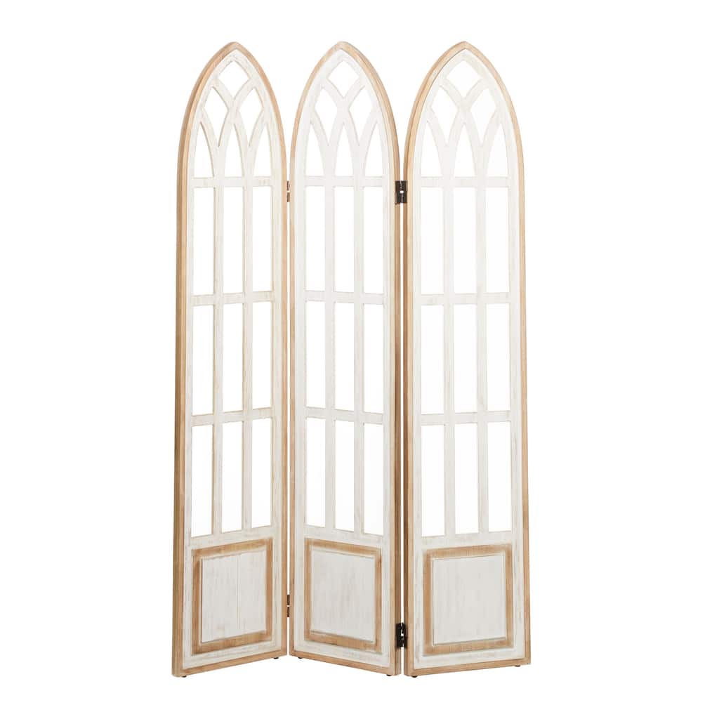 Wood Hinged Foldable Arched Partition 3 Panel Room Divider Screen with Window Pane Details - White - Roche River Decor
