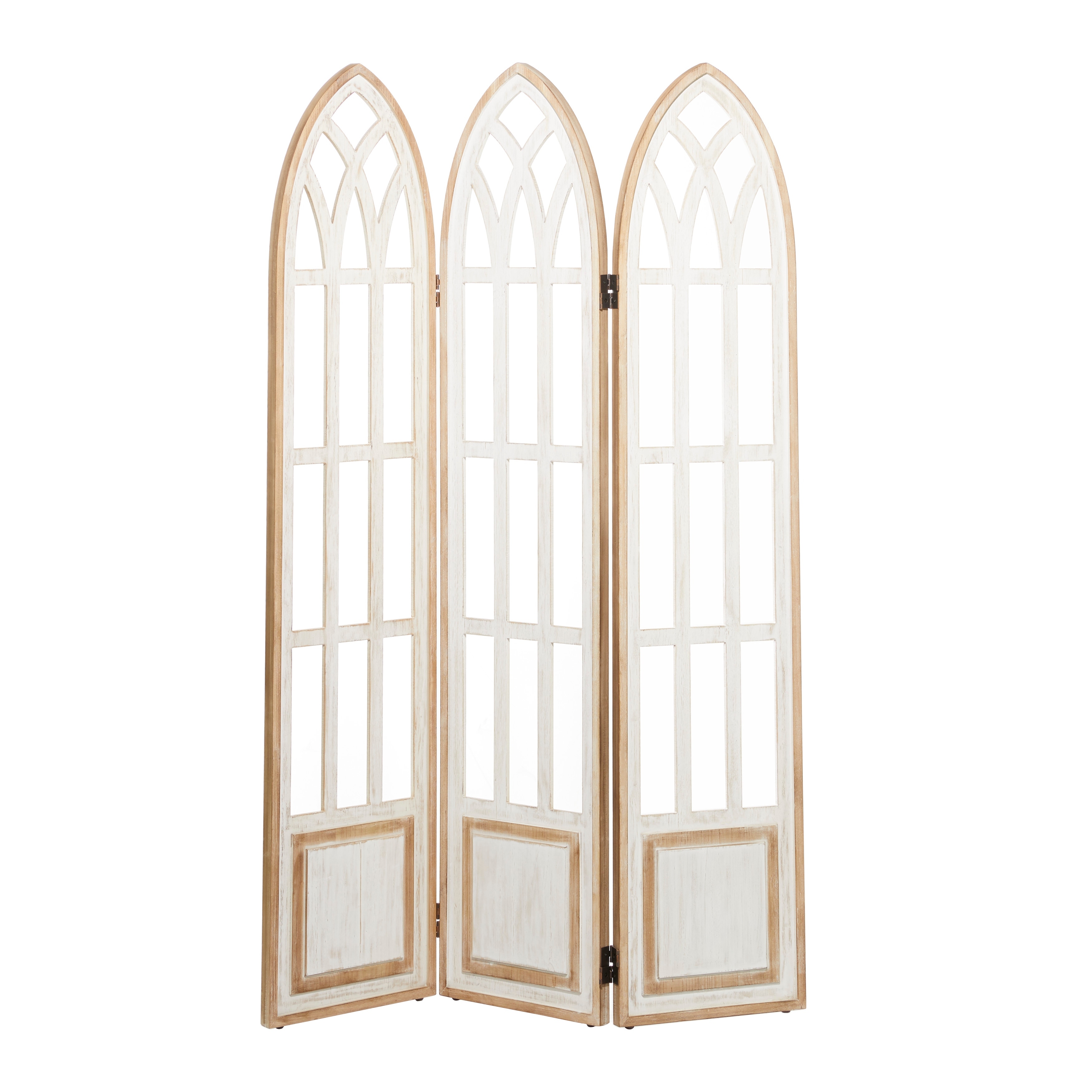Wood Hinged Foldable Arched Partition 3 Panel Room Divider Screen with Window Pane Details - White - Roche River Decor
