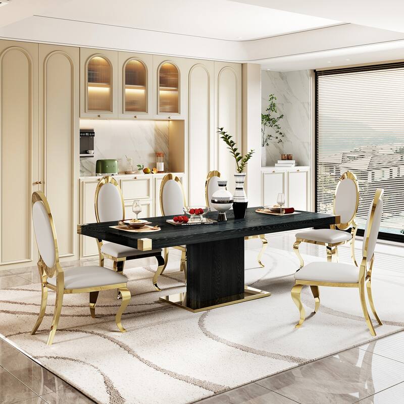 MDF Top Dining Table with Gold Finish Corner, MDF Pillar and Gold Finish Stainless Steel Base