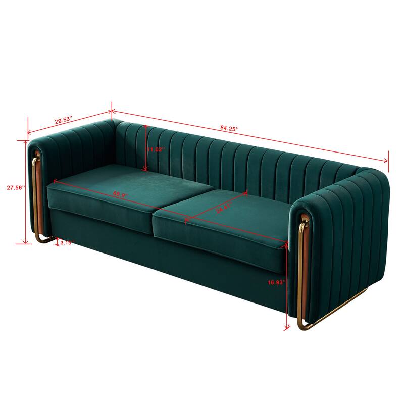 Modern Velvet Sofa with Channel Tufting & Gold Steel Legs - 3 Seater Couch