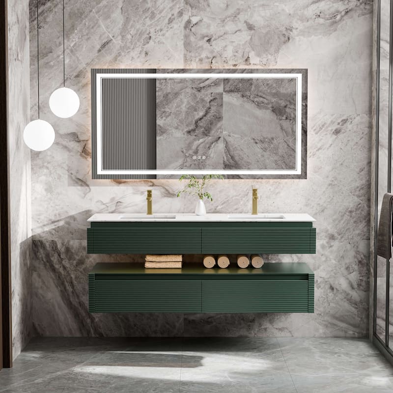 Modland 60" Modern Wall-Mounted Double Sink Bathroom Vanity with Engineered Stone Countertop, Soft-Close Drawers