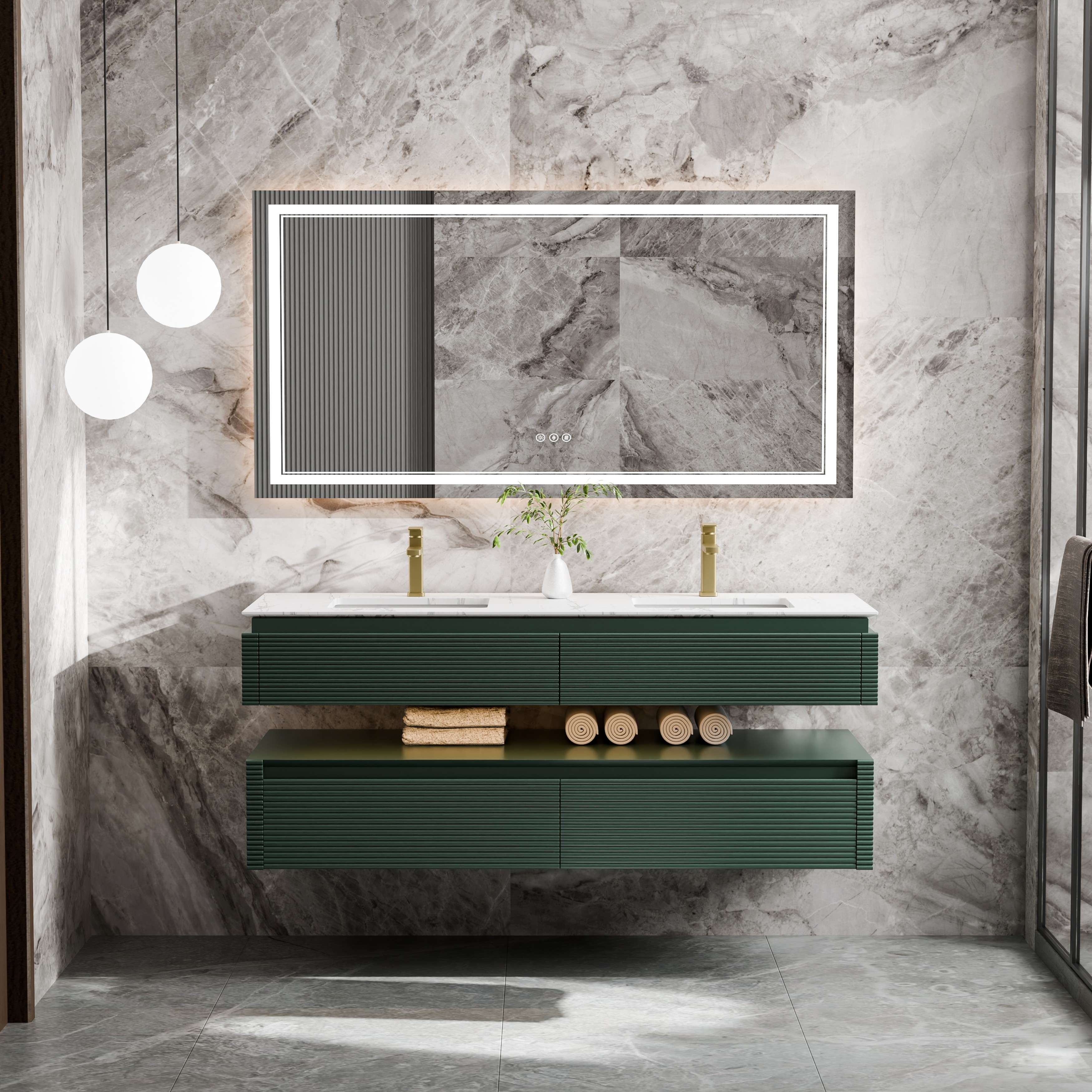 60" Modern Wall-Mounted Double Sink Bathroom Vanity with Engineered Stone Countertop, Soft-Close Drawers
