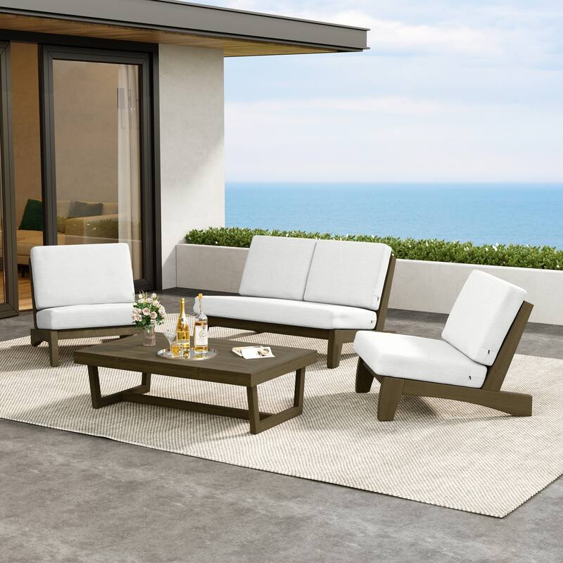 4 Pieces Wood Sectional Sofa Patio Conversation Set With Cushion