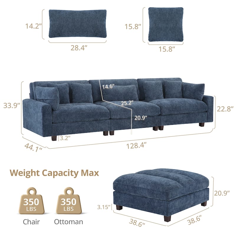 Extra-Large Modern Chenille Sofa Set (128.4 Inches With Pillow Stools) - 128.4"W X 44.1"D X 33.9"H