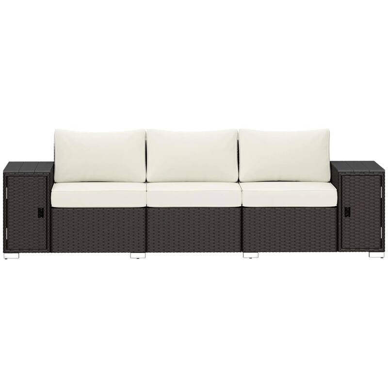 3 Seater Storage Sofa, Deep Seat Wide Armrests PE Rattan Patio, Cream
