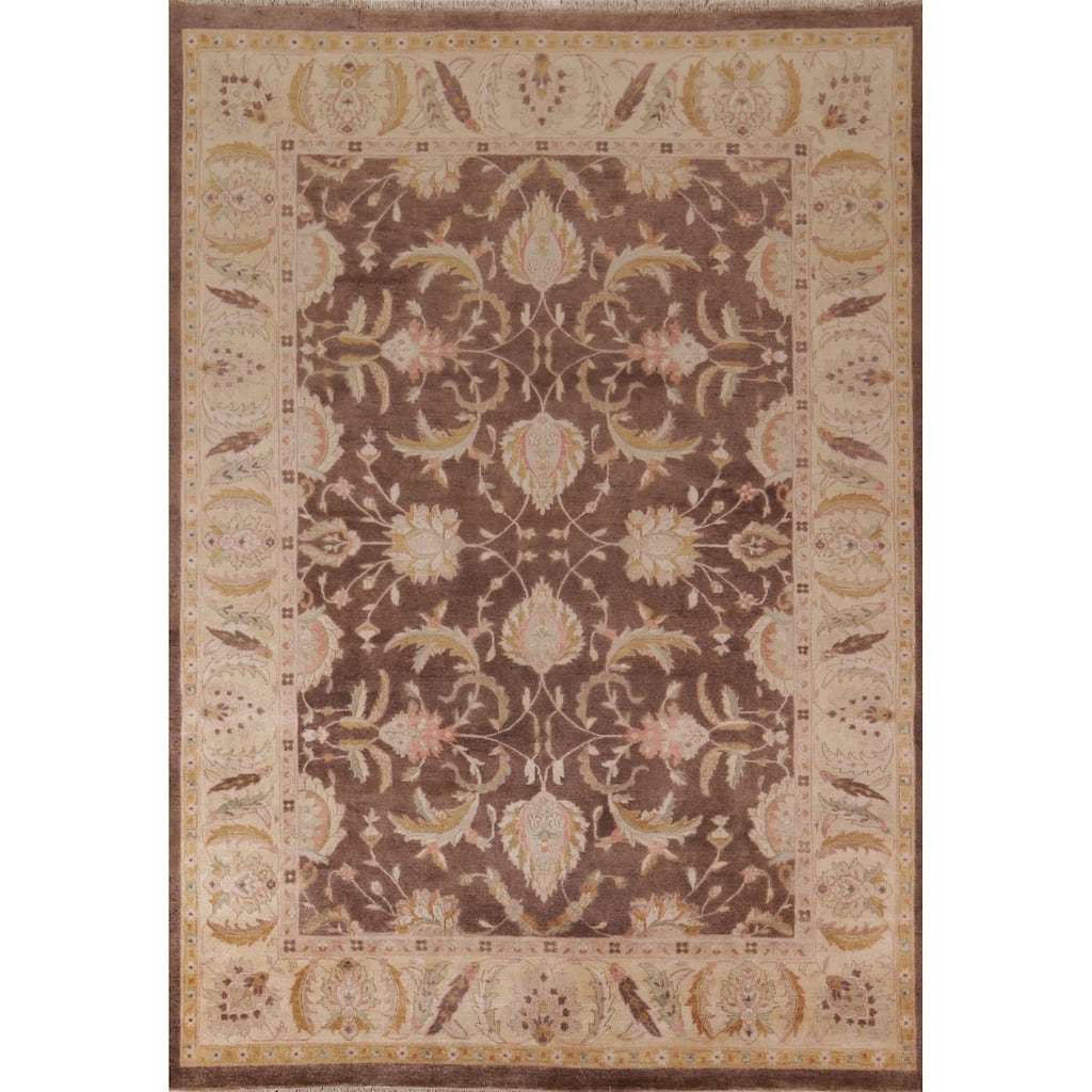 Brown Floral Chobi Peshawar Oriental Area Rug Hand-Knotted Wool Carpet - 8'11" X 11'11"