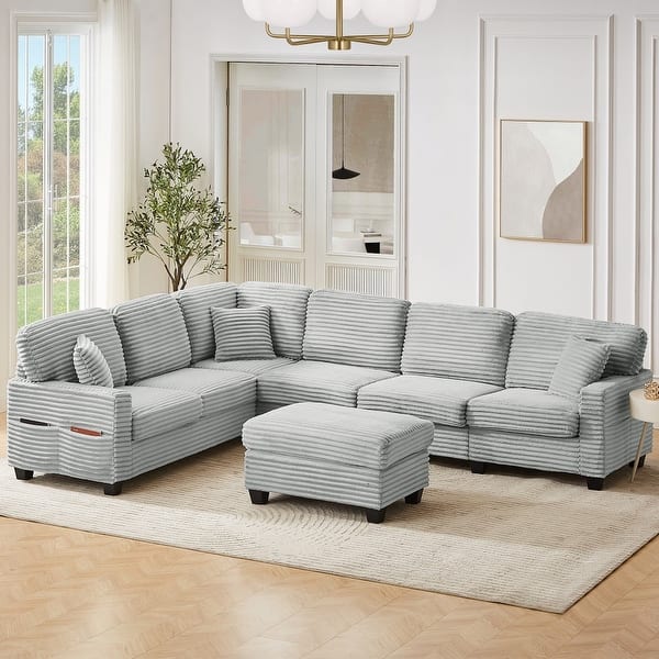 slide 2 of 8, 125.2" Modern Corduroy Upholstered U-shaped Sectional Sofa with Movable Ottoman and Side Storage Pockets Grey