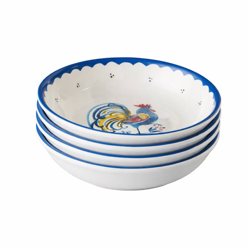 Certified International French Rooster 9" Soup/Cereal Bowls, Set of 4 Assorted Designs - 9.00"L x 9.00"W x 2.00"H