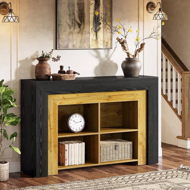 47-Inch Black & Brown 3-Tier MDF Entryway Table, Farmhouse Rectangle Sofa Table with Storage for Living Room