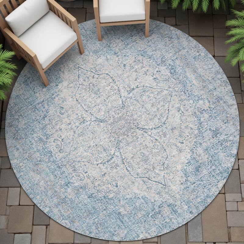 Machine Washable Indoor/Outdoor Traditional Global Chantille Rug - Denim - 8' x 8'
