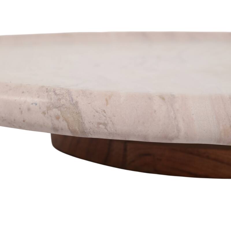 Decorative Tray - Ivory Wood Marble Round Lazy Susan - 16", Ivory - 16" x 16" x 2"