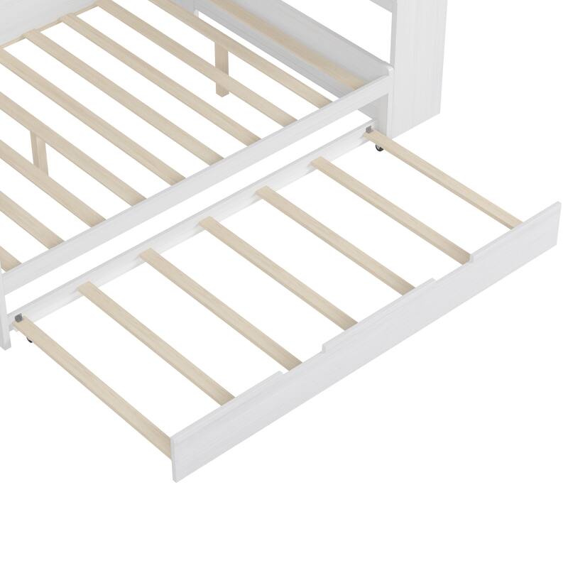 Space-Saving Twin/Full Size Daybed with Trundle and Study Desk, Wooden Platform Bed with Storage Shelves