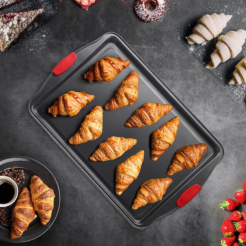 JoyTable Nonstick Steel Baking Sheet - 2PC Cookie Sheet Set with Silicone Handles - Black BPA Free Baking Pan for Oven