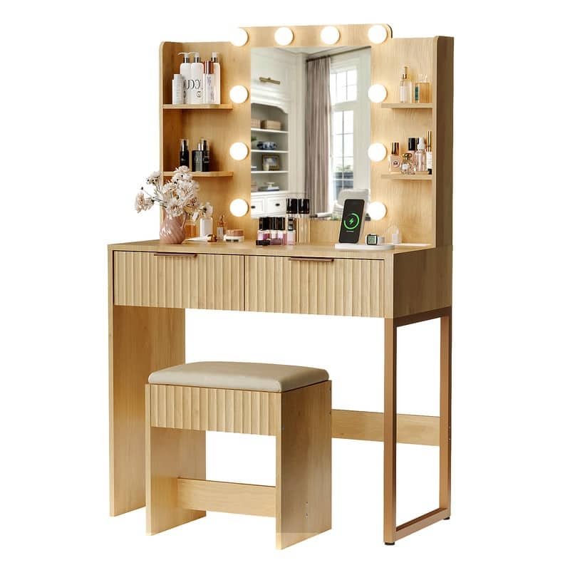 Particle Board Veneered with Textured Melamine, 2-drawer 4-Shelf, comes with 10 Three-color Dimmable Bulbs, Dressing Table Set - Beige