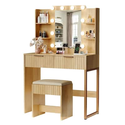 Particle Board Veneered with Textured Melamine, 2-drawer 4-Shelf, comes with 10 Three-color Dimmable Bulbs, Dressing Table Set