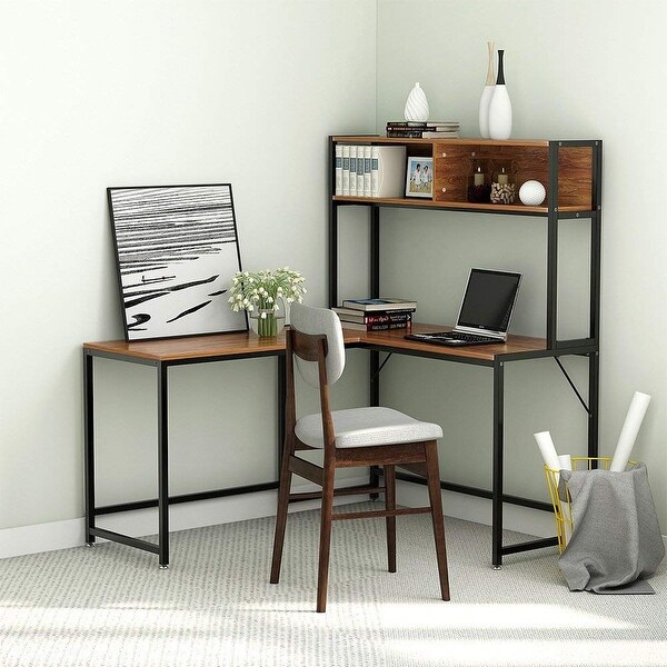 Vintage Walnut Corner L Shaped Computer Desk With Hutch Home Office Wood Table
