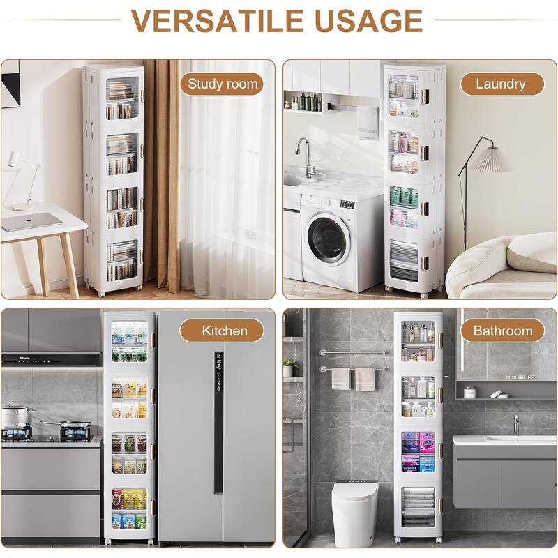 Foldable Slim Rolling Storage Cabinet with Doors, 4-Tier Plastic Organizer Tower with Wheels for Bathroom or Kitchen